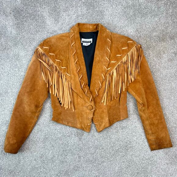 Contempo Casuals Vintage 80s Genuine Suede Western Fringe Crop Jacket (Sz S) - Picture 11 of 16